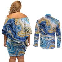 Polynesian Tribal Tattoo Couples Matching Off Shoulder Short Dress and Long Sleeve Button Shirt Swirling Ocean Marble Pattern LT9 - Polynesian Pride
