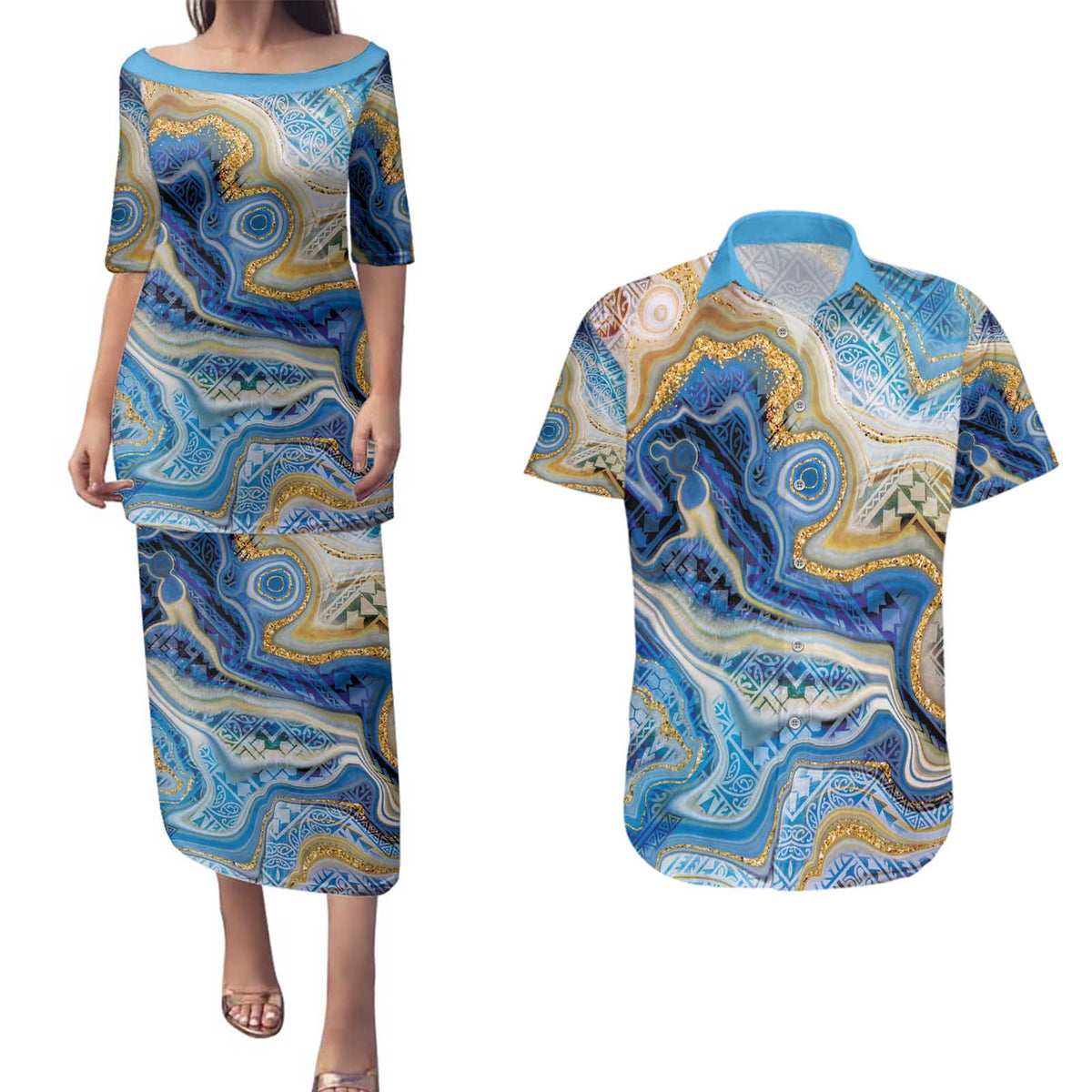 Polynesian Tribal Tattoo Couples Matching Puletasi and Hawaiian Shirt Swirling Ocean Marble Pattern LT9 Ocean - Polynesian Pride
