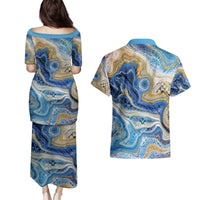 Polynesian Tribal Tattoo Couples Matching Puletasi and Hawaiian Shirt Swirling Ocean Marble Pattern LT9 - Polynesian Pride