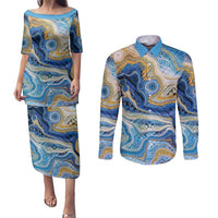 Polynesian Tribal Tattoo Couples Matching Puletasi and Long Sleeve Button Shirt Swirling Ocean Marble Pattern