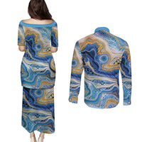 Polynesian Tribal Tattoo Couples Matching Puletasi and Long Sleeve Button Shirt Swirling Ocean Marble Pattern