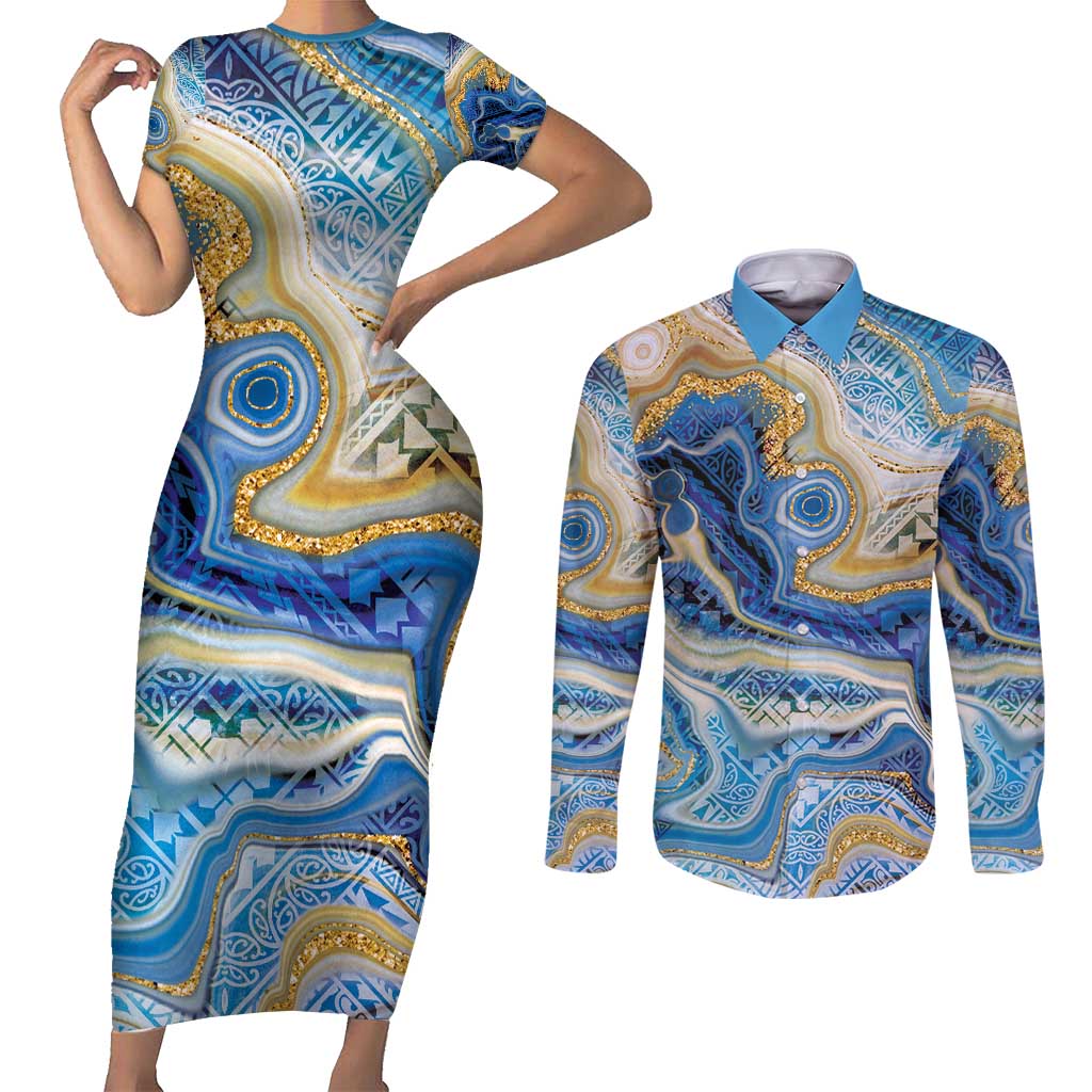 Polynesian Tribal Tattoo Couples Matching Short Sleeve Bodycon Dress and Long Sleeve Button Shirt Swirling Ocean Marble Pattern