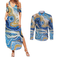 Polynesian Tribal Tattoo Couples Matching Summer Maxi Dress and Long Sleeve Button Shirt Swirling Ocean Marble Pattern LT9 Ocean - Polynesian Pride