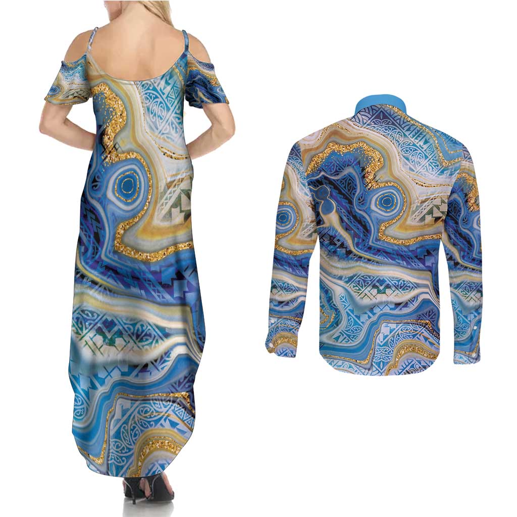 Polynesian Tribal Tattoo Couples Matching Summer Maxi Dress and Long Sleeve Button Shirt Swirling Ocean Marble Pattern LT9 - Polynesian Pride