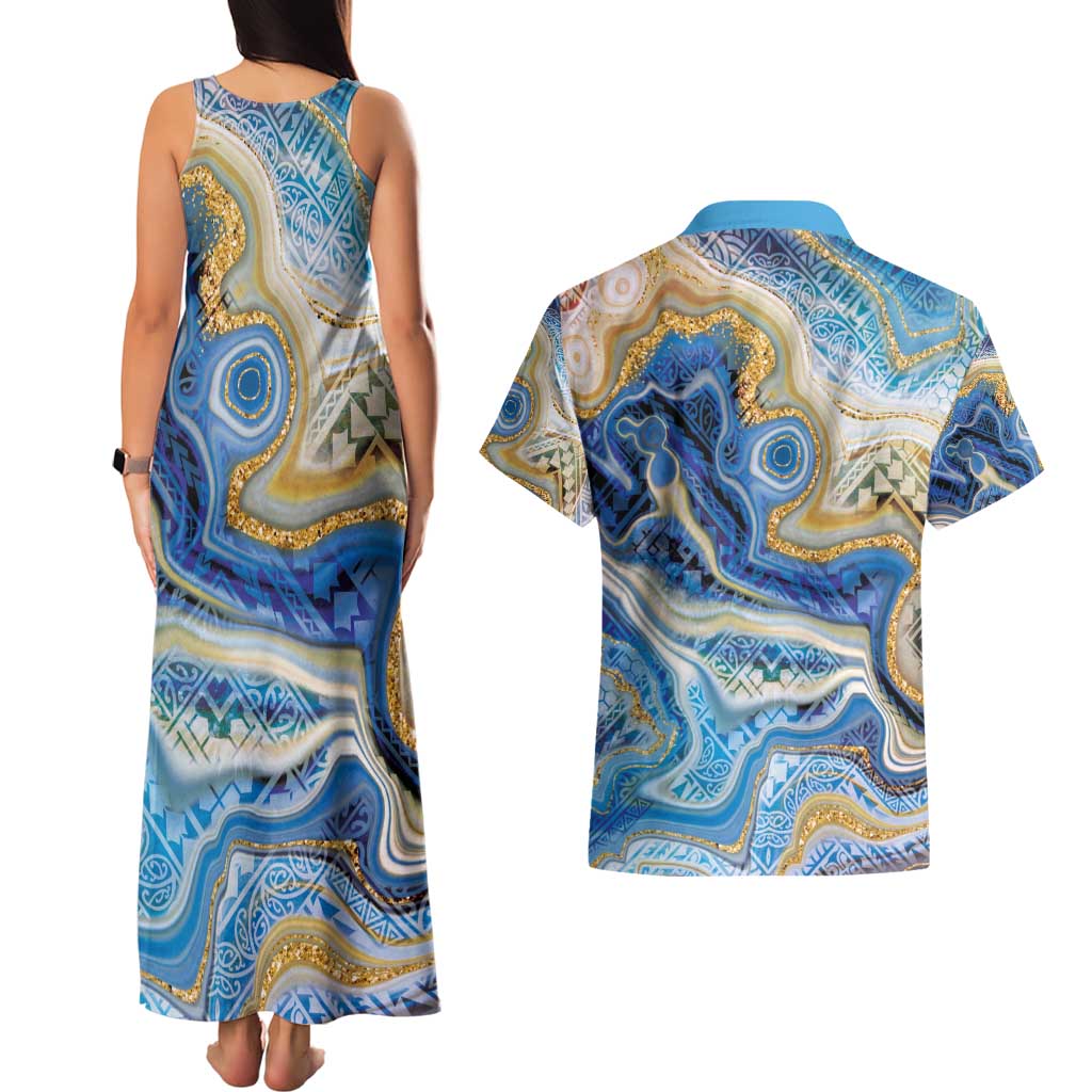 Polynesian Tribal Tattoo Couples Matching Tank Maxi Dress and Hawaiian Shirt Swirling Ocean Marble Pattern LT9 - Polynesian Pride