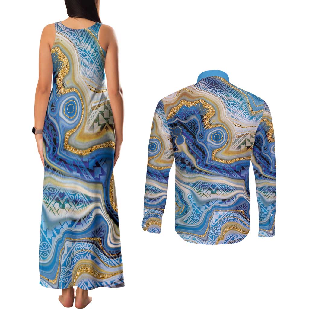 Polynesian Tribal Tattoo Couples Matching Tank Maxi Dress and Long Sleeve Button Shirt Swirling Ocean Marble Pattern LT9 - Polynesian Pride