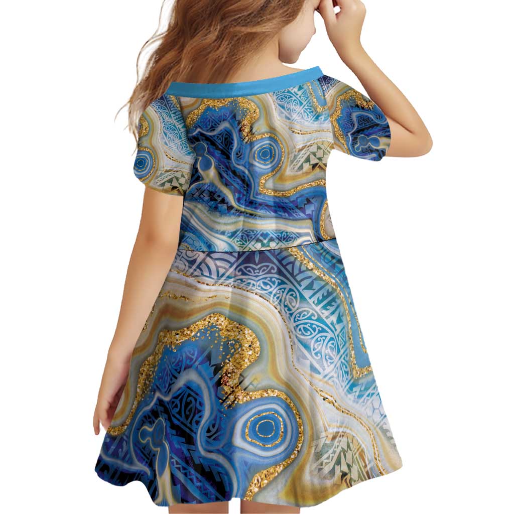 Polynesian Tribal Tattoo Family Matching Off Shoulder Short Dress and Hawaiian Shirt Swirling Ocean Marble Pattern