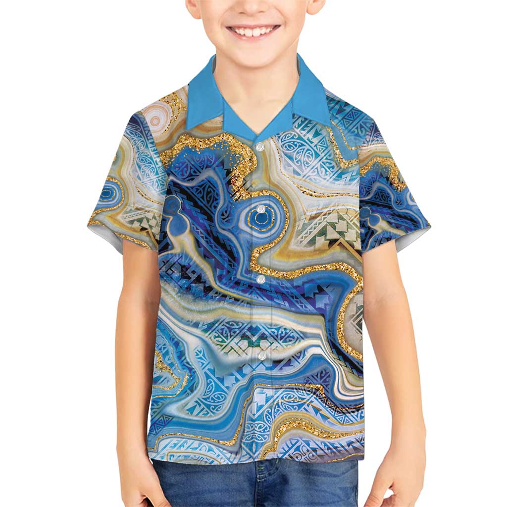 Polynesian Tribal Tattoo Family Matching Off Shoulder Short Dress and Hawaiian Shirt Swirling Ocean Marble Pattern