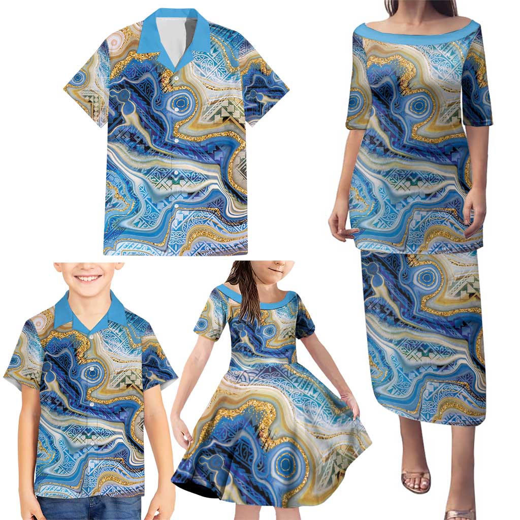 Polynesian Tribal Tattoo Family Matching Puletasi and Hawaiian Shirt Swirling Ocean Marble Pattern