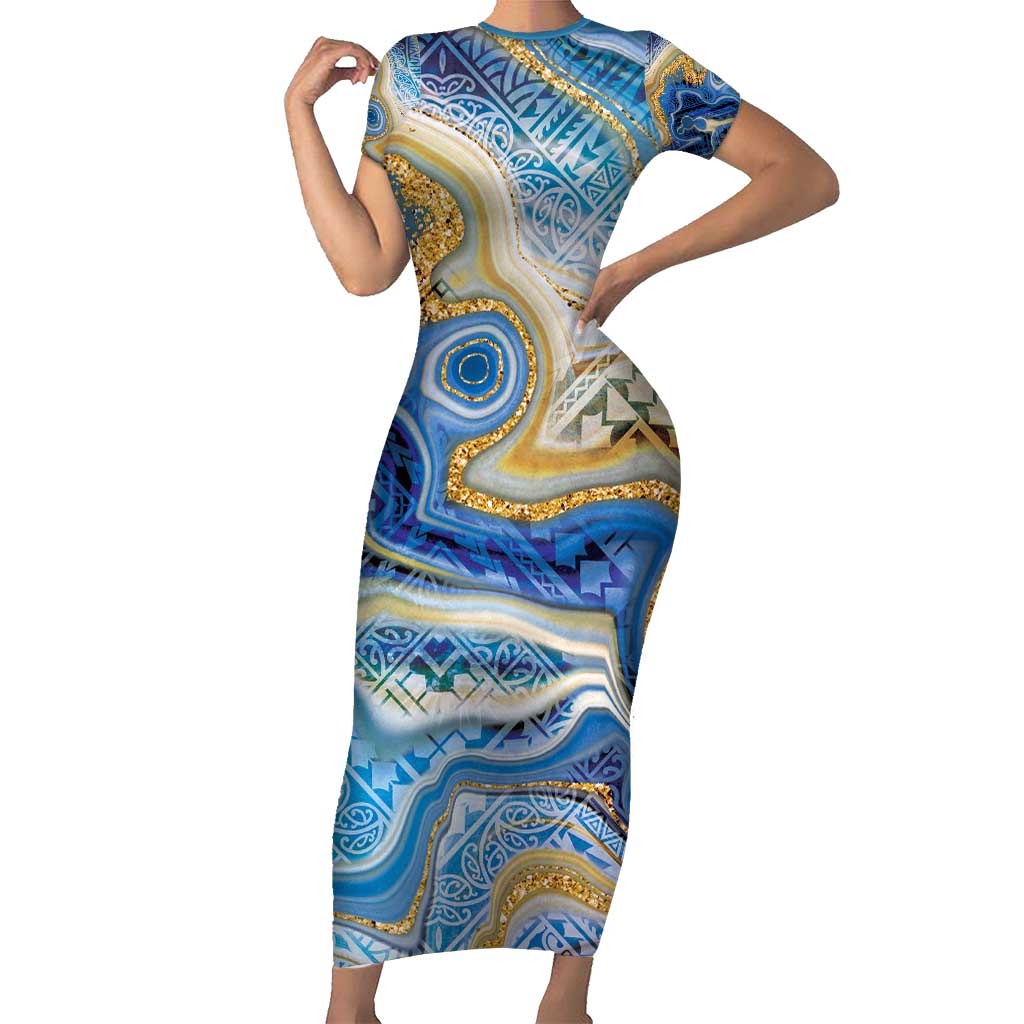 Polynesian Tribal Tattoo Family Matching Short Sleeve Bodycon Dress and Hawaiian Shirt Swirling Ocean Marble Pattern