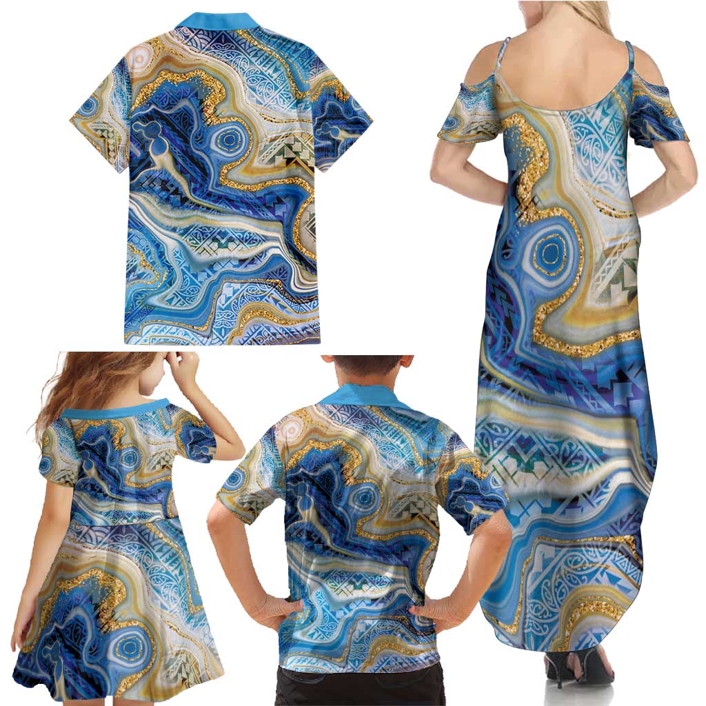 Polynesian Tribal Tattoo Family Matching Summer Maxi Dress and Hawaiian Shirt Swirling Ocean Marble Pattern