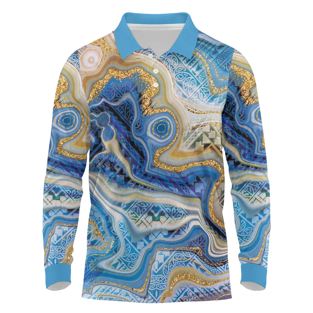 Polynesian Tribal Tattoo Long Sleeve Polo Shirt Swirling Ocean Marble Pattern