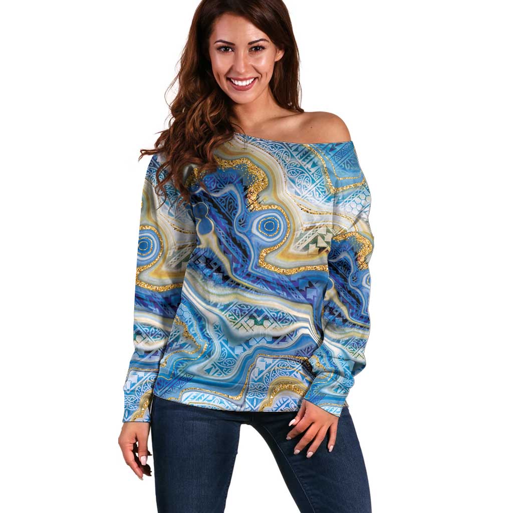 Polynesian Tribal Tattoo Off Shoulder Sweater Swirling Ocean Marble Pattern