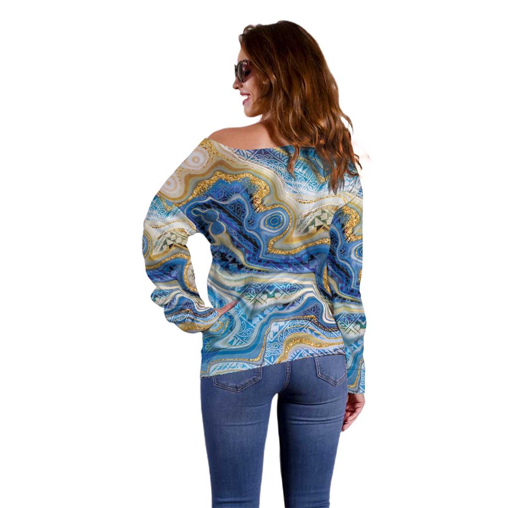 Polynesian Tribal Tattoo Off Shoulder Sweater Swirling Ocean Marble Pattern