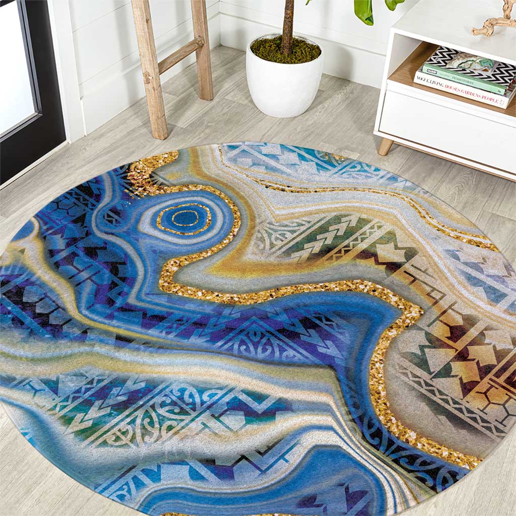 Polynesian Tribal Tattoo Round Carpet Swirling Ocean Marble Pattern