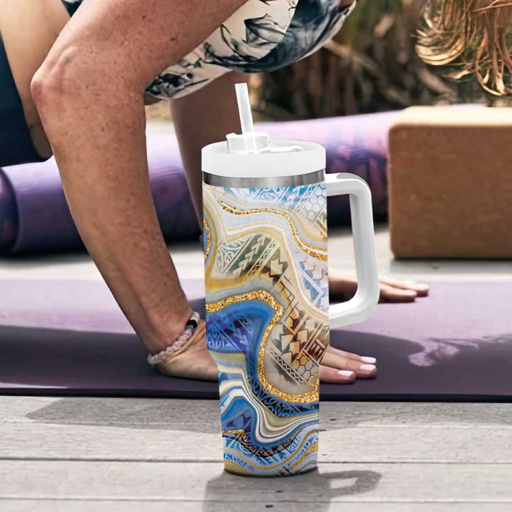 Polynesian Tribal Tattoo Tumbler With Handle Swirling Ocean Marble Pattern LT9 - Polynesian Pride
