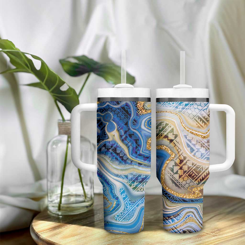 Polynesian Tribal Tattoo Tumbler With Handle Swirling Ocean Marble Pattern LT9 - Polynesian Pride