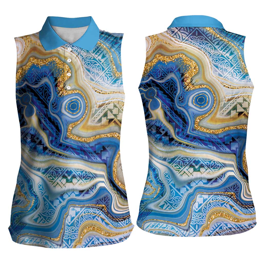 Polynesian Tribal Tattoo Women Sleeveless Polo Shirt Swirling Ocean Marble Pattern