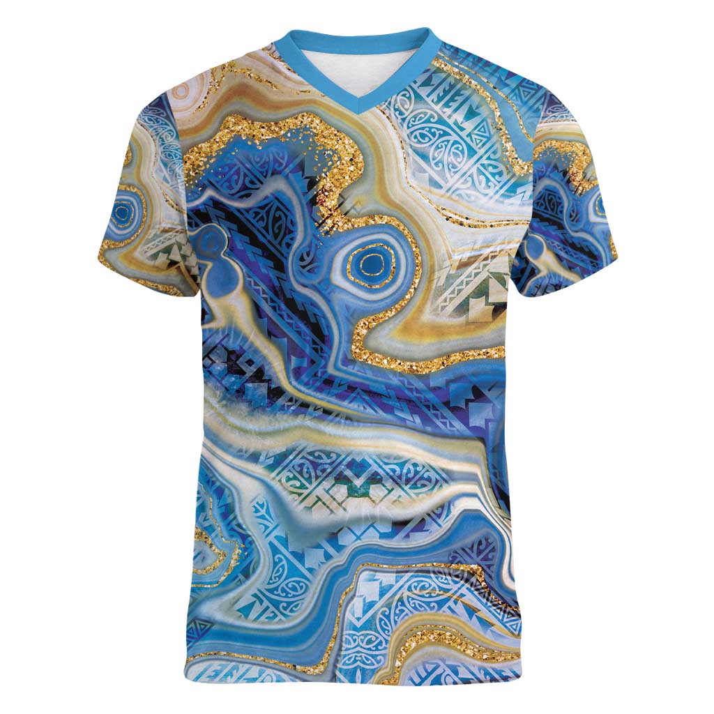 Polynesian Tribal Tattoo Women V-Neck T-Shirt Swirling Ocean Marble Pattern LT9 Female Ocean - Polynesian Pride