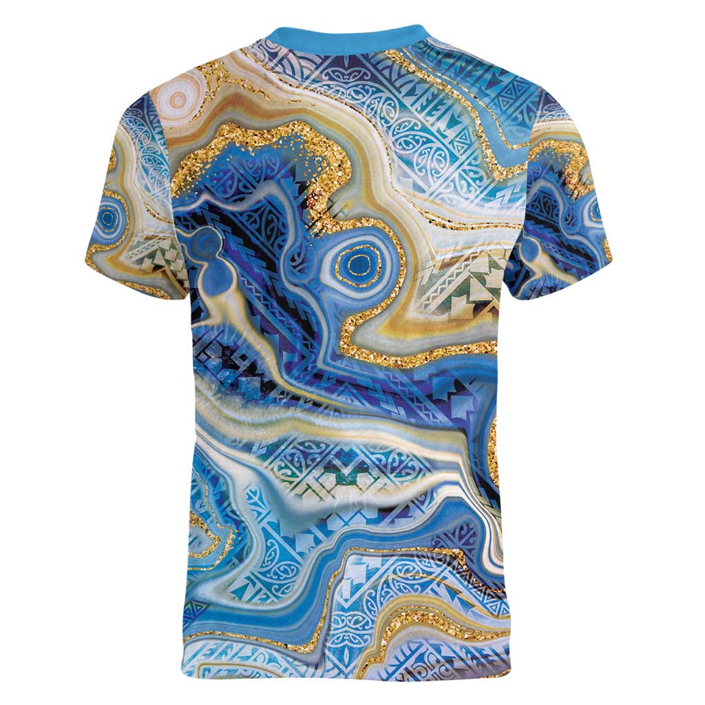 Polynesian Tribal Tattoo Women V-Neck T-Shirt Swirling Ocean Marble Pattern LT9 - Polynesian Pride