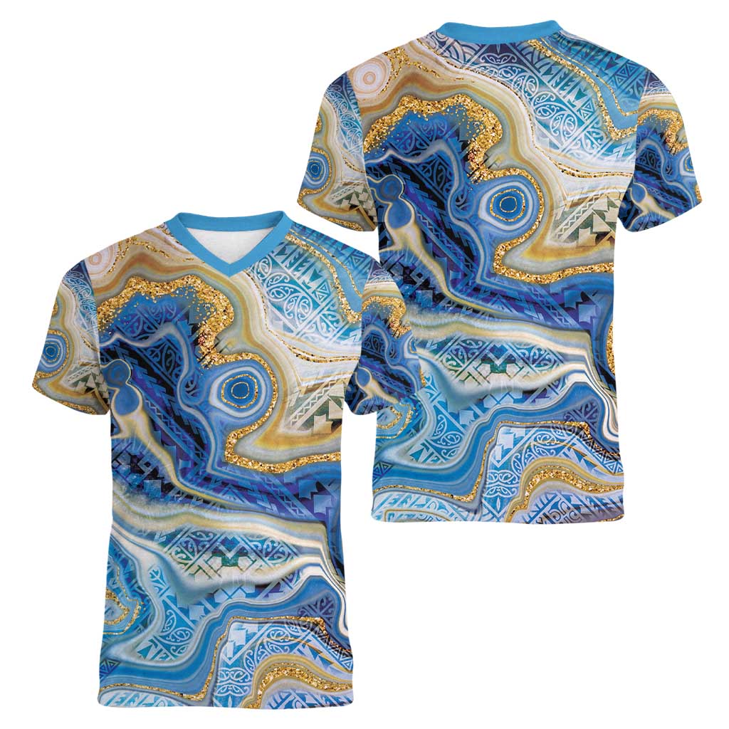 Polynesian Tribal Tattoo Women V-Neck T-Shirt Swirling Ocean Marble Pattern LT9 - Polynesian Pride