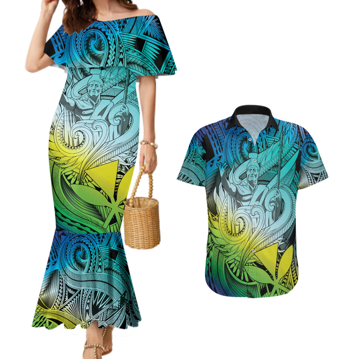 Personalised Aloha King Kamehameha Spirits Couples Matching Mermaid Dress and Hawaiian Shirt Art Special LT9 Art - Polynesian Pride