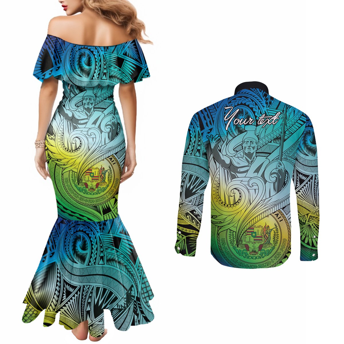 Personalised Aloha King Kamehameha Spirits Couples Matching Mermaid Dress and Long Sleeve Button Shirt Art Special LT9 - Polynesian Pride