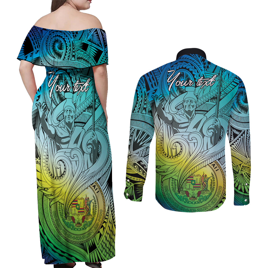 Personalised Aloha King Kamehameha Spirits Couples Matching Off Shoulder Maxi Dress and Long Sleeve Button Shirt Art Special LT9 - Polynesian Pride