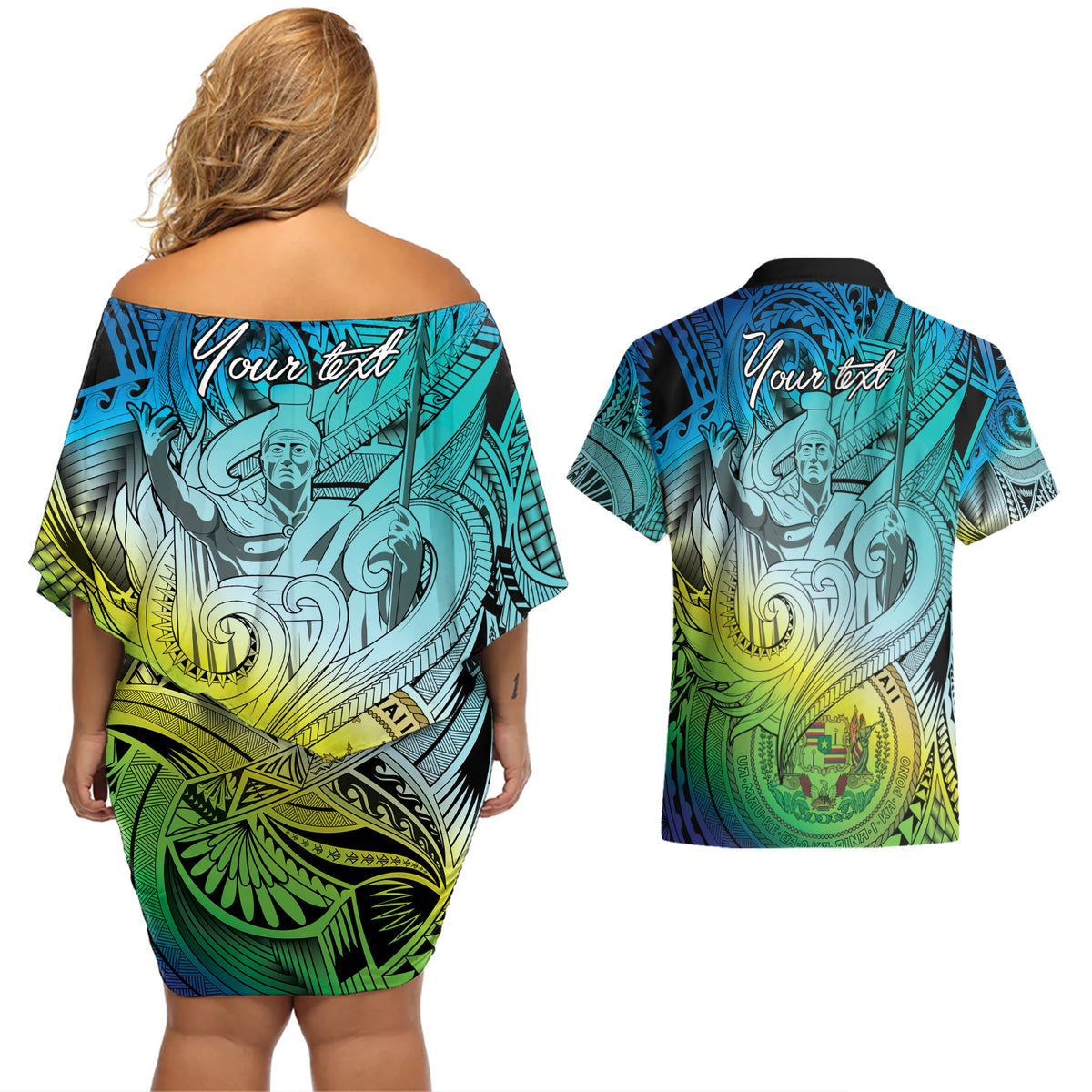 Personalised Aloha King Kamehameha Spirits Couples Matching Off Shoulder Short Dress and Hawaiian Shirt Art Special LT9 - Polynesian Pride