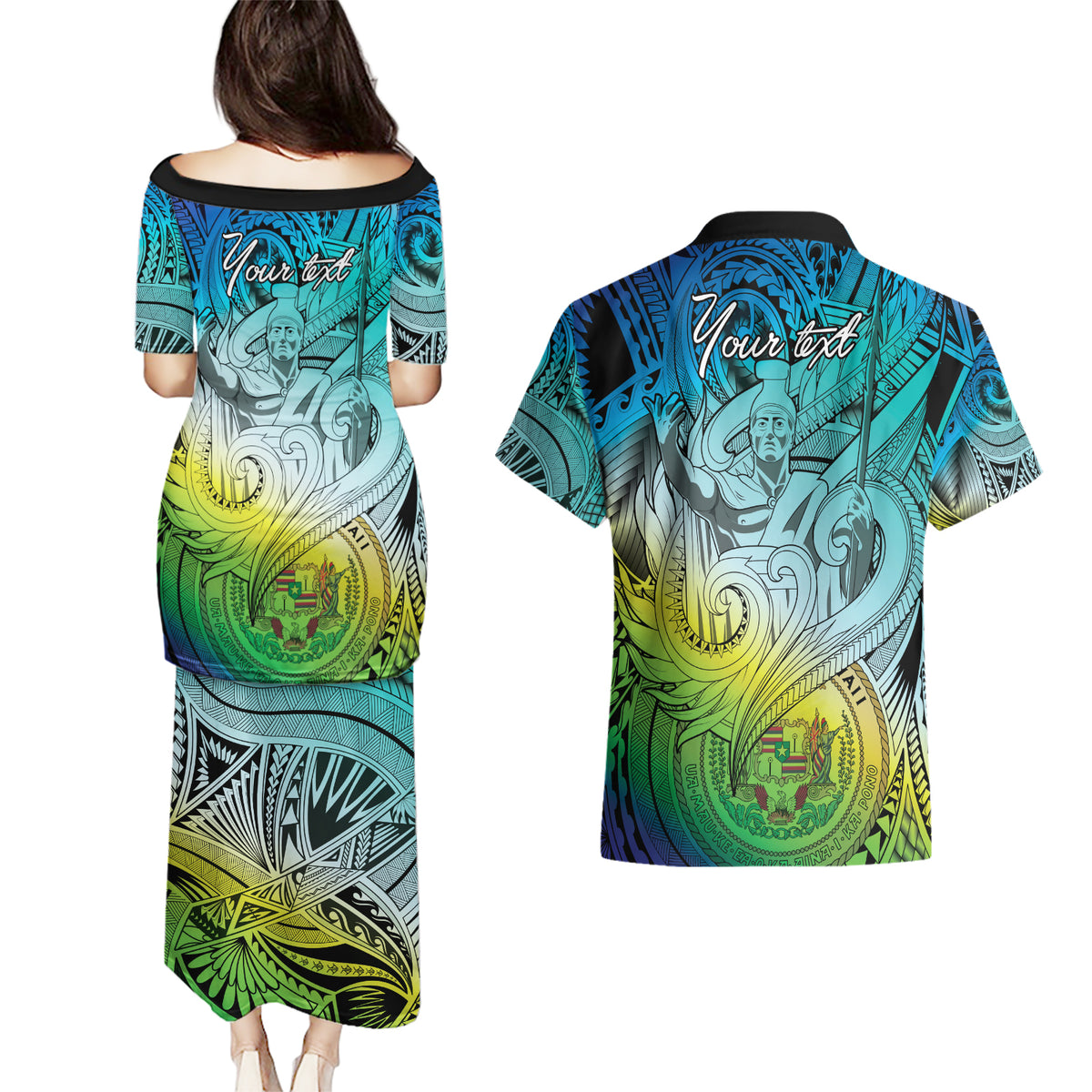 Personalised Aloha King Kamehameha Spirits Couples Matching Puletasi and Hawaiian Shirt Art Special LT9 - Polynesian Pride