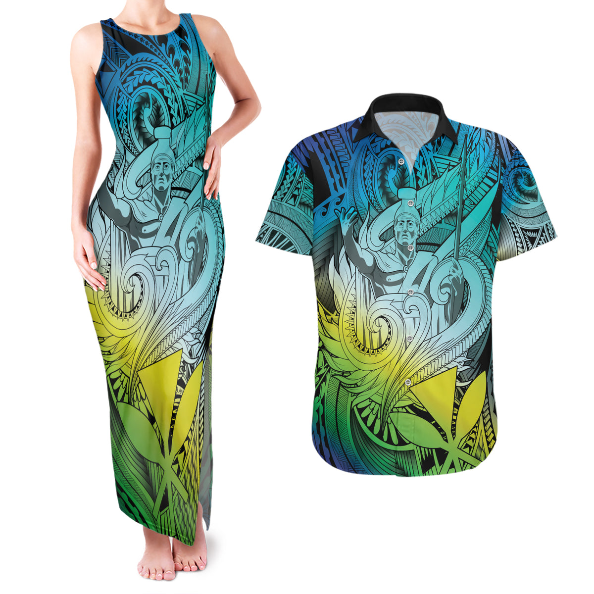 Personalised Aloha King Kamehameha Spirits Couples Matching Tank Maxi Dress and Hawaiian Shirt Art Special LT9 Art - Polynesian Pride
