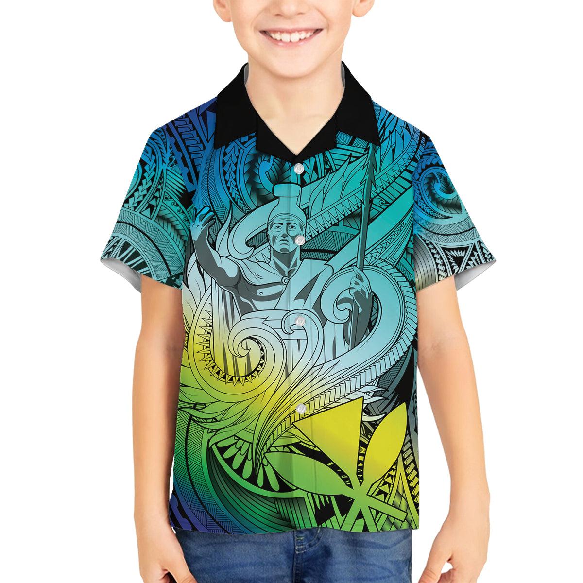 Personalised Aloha King Kamehameha Spirits Family Matching Long Sleeve Bodycon Dress and Hawaiian Shirt Art Special LT9 Son's Shirt Art - Polynesian Pride