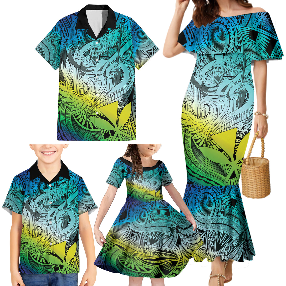 Personalised Aloha King Kamehameha Spirits Family Matching Mermaid Dress and Hawaiian Shirt Art Special LT9 - Polynesian Pride