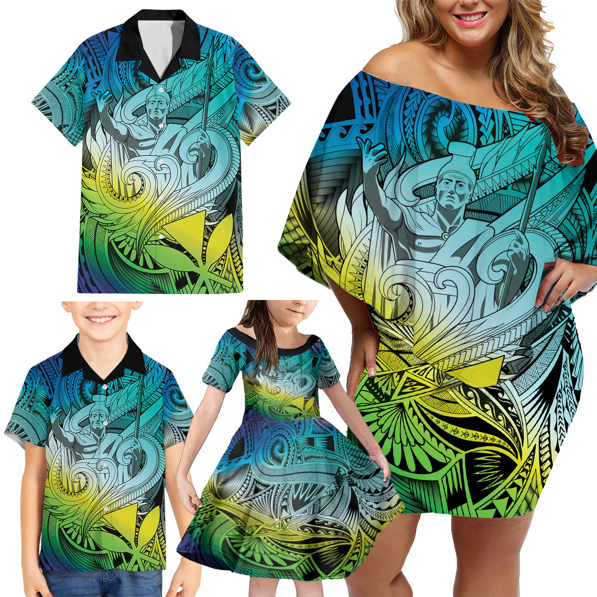 Personalised Aloha King Kamehameha Spirits Family Matching Off Shoulder Short Dress and Hawaiian Shirt Art Special LT9 - Polynesian Pride