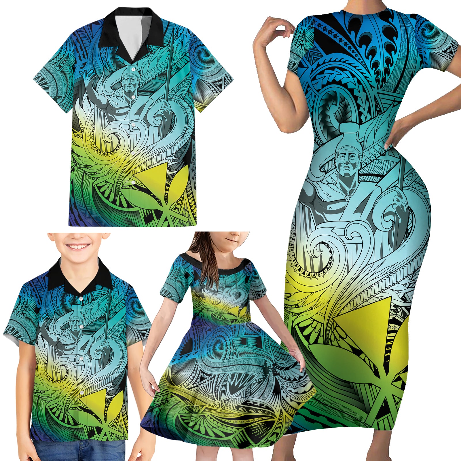 Personalised Aloha King Kamehameha Spirits Family Matching Short Sleeve Bodycon Dress and Hawaiian Shirt Art Special LT9 - Polynesian Pride