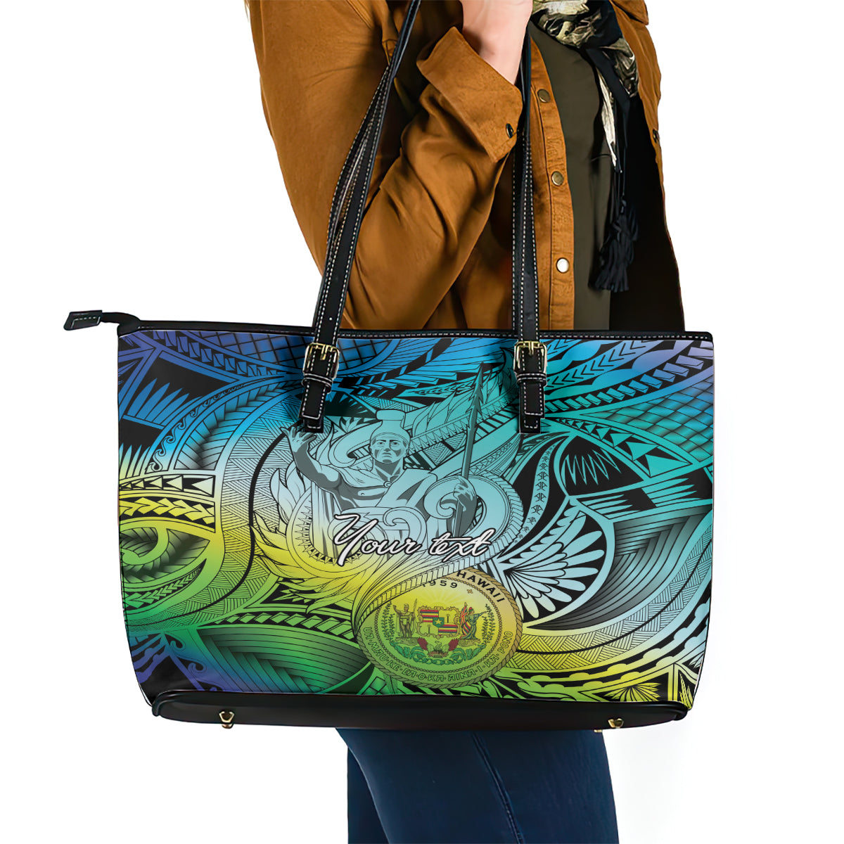 Personalised Aloha King Kamehameha Spirits Leather Tote Bag Art Special LT9 - Polynesian Pride