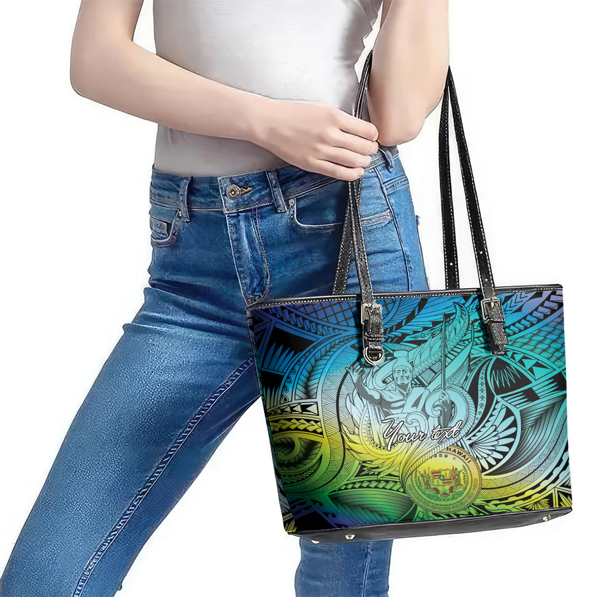 Personalised Aloha King Kamehameha Spirits Leather Tote Bag Art Special LT9 - Polynesian Pride