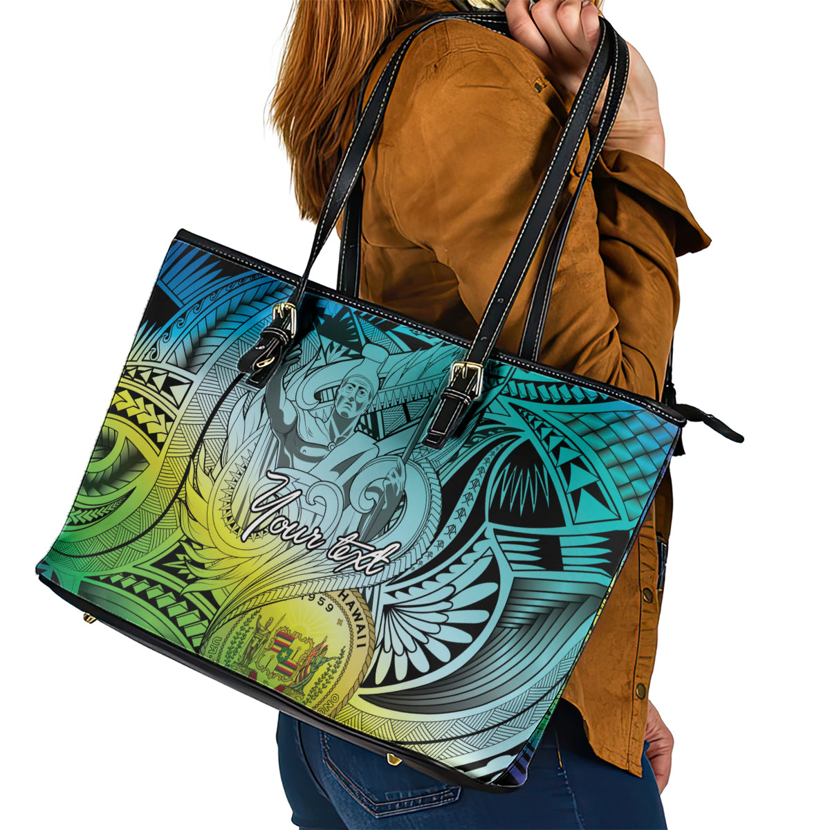 Personalised Aloha King Kamehameha Spirits Leather Tote Bag Art Special LT9 - Polynesian Pride