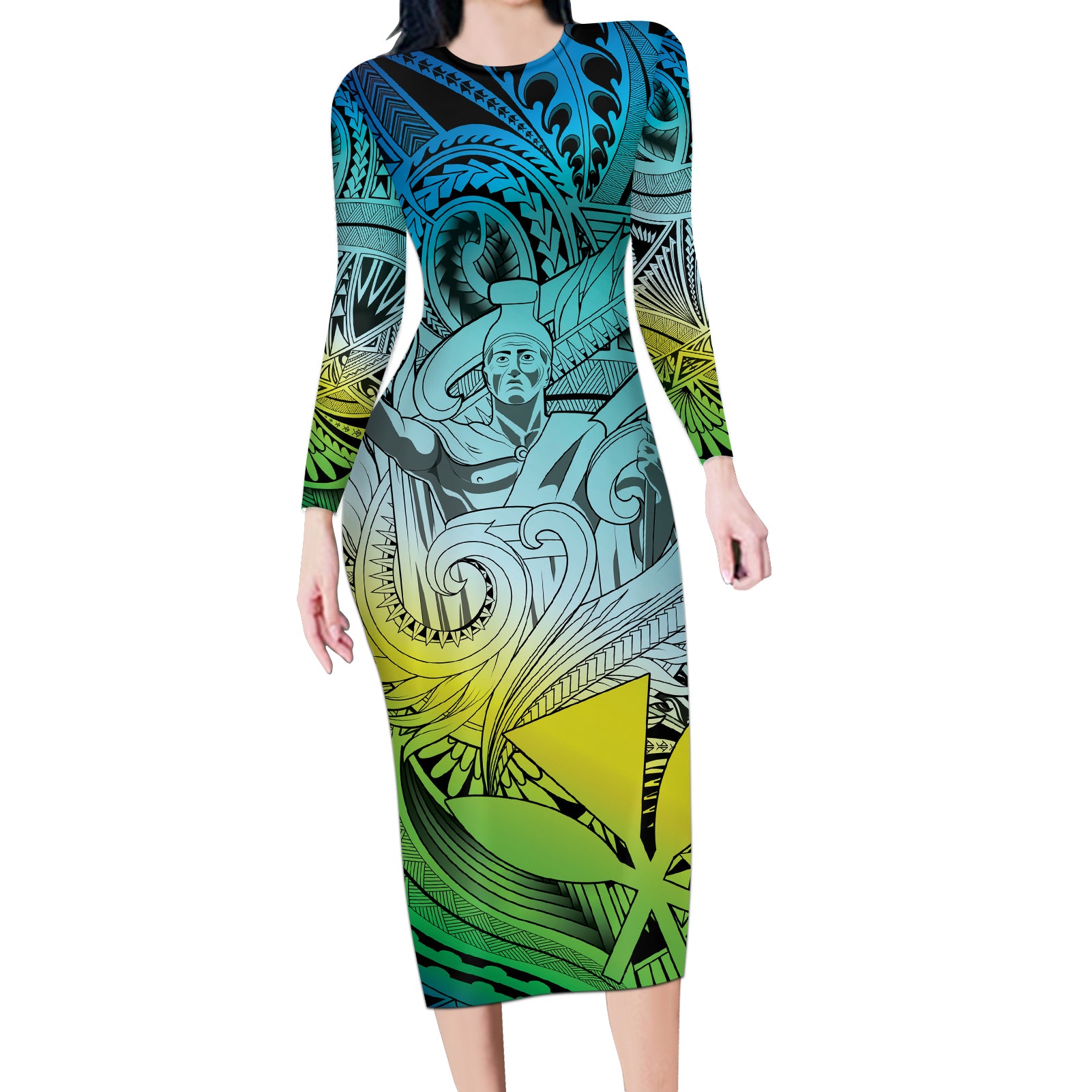 Personalised Aloha King Kamehameha Spirits Long Sleeve Bodycon Dress Art Special LT9 Long Dress Art - Polynesian Pride