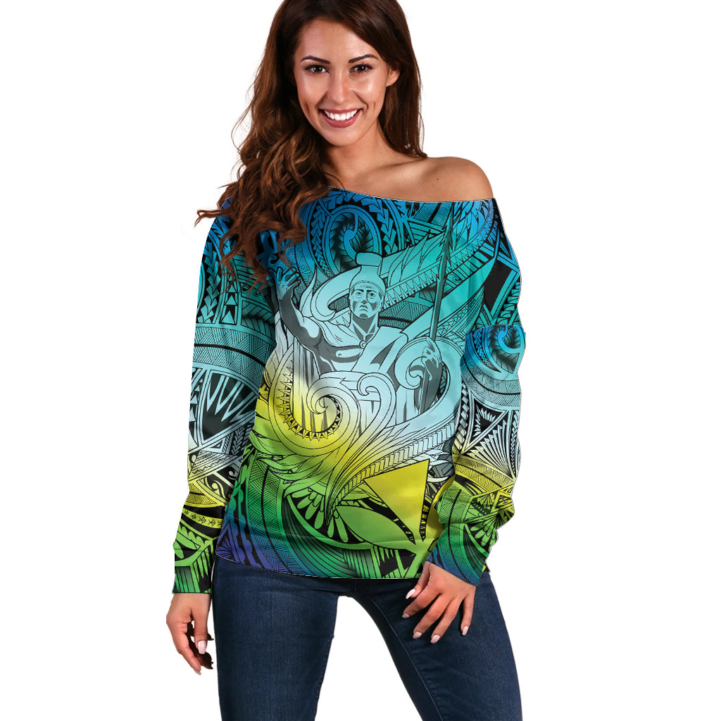 Personalised Aloha King Kamehameha Spirits Off Shoulder Sweater Art Special LT9 Women Art - Polynesian Pride
