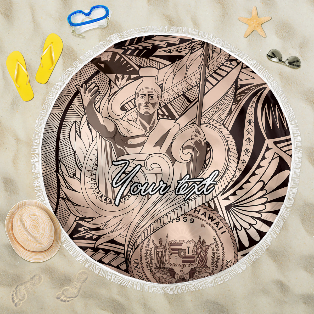 Personalised Aloha King Kamehameha Spirits Beach Blanket Beige Special LT9 One Size 150cm Beige - Polynesian Pride