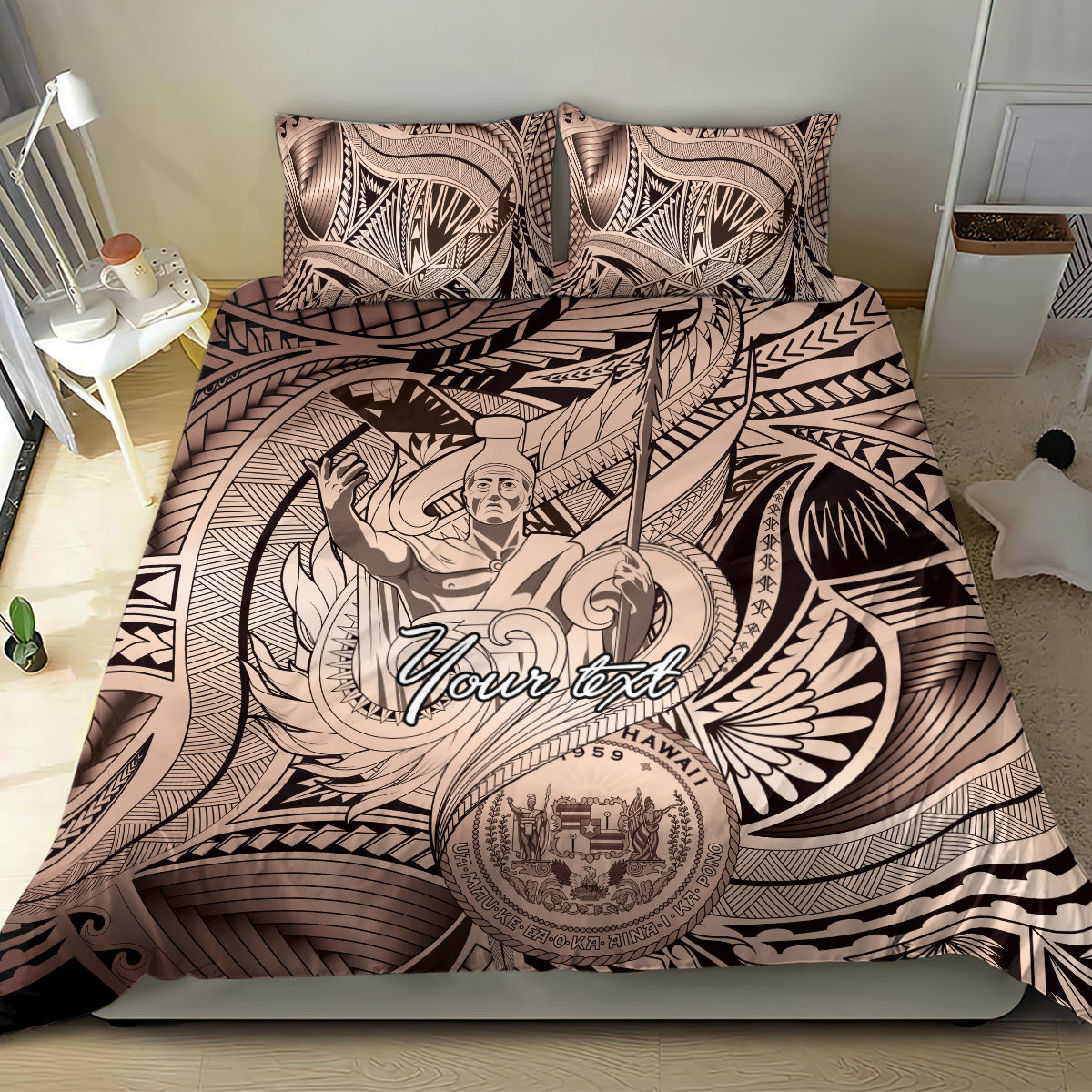 Personalised Aloha King Kamehameha Spirits Bedding Set Beige Special LT9 - Polynesian Pride