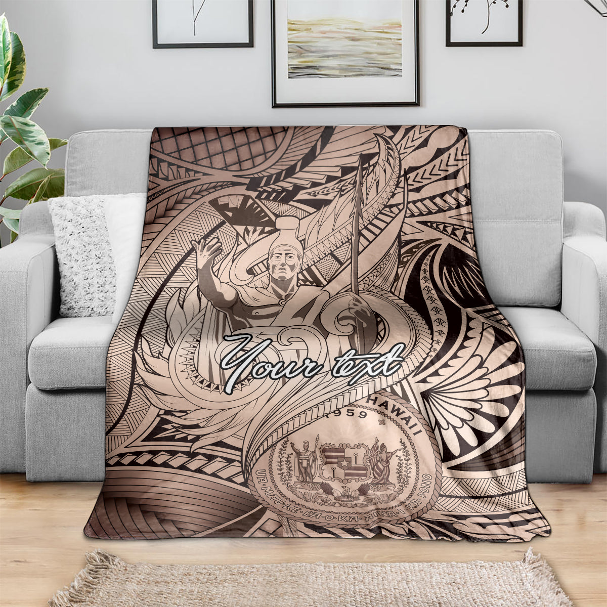 Personalised Aloha King Kamehameha Spirits Blanket Beige Special LT9 - Polynesian Pride