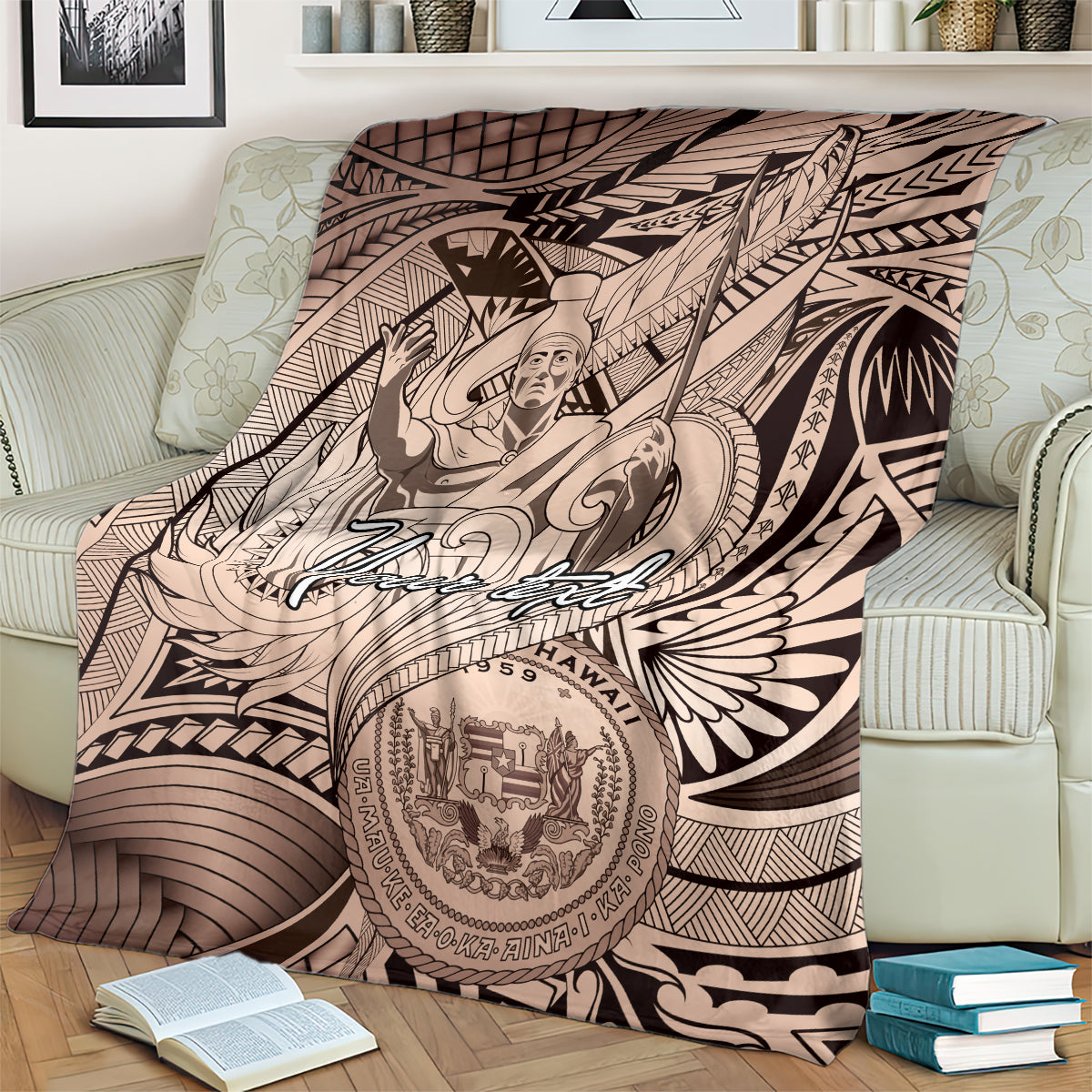 Personalised Aloha King Kamehameha Spirits Blanket Beige Special LT9 - Polynesian Pride
