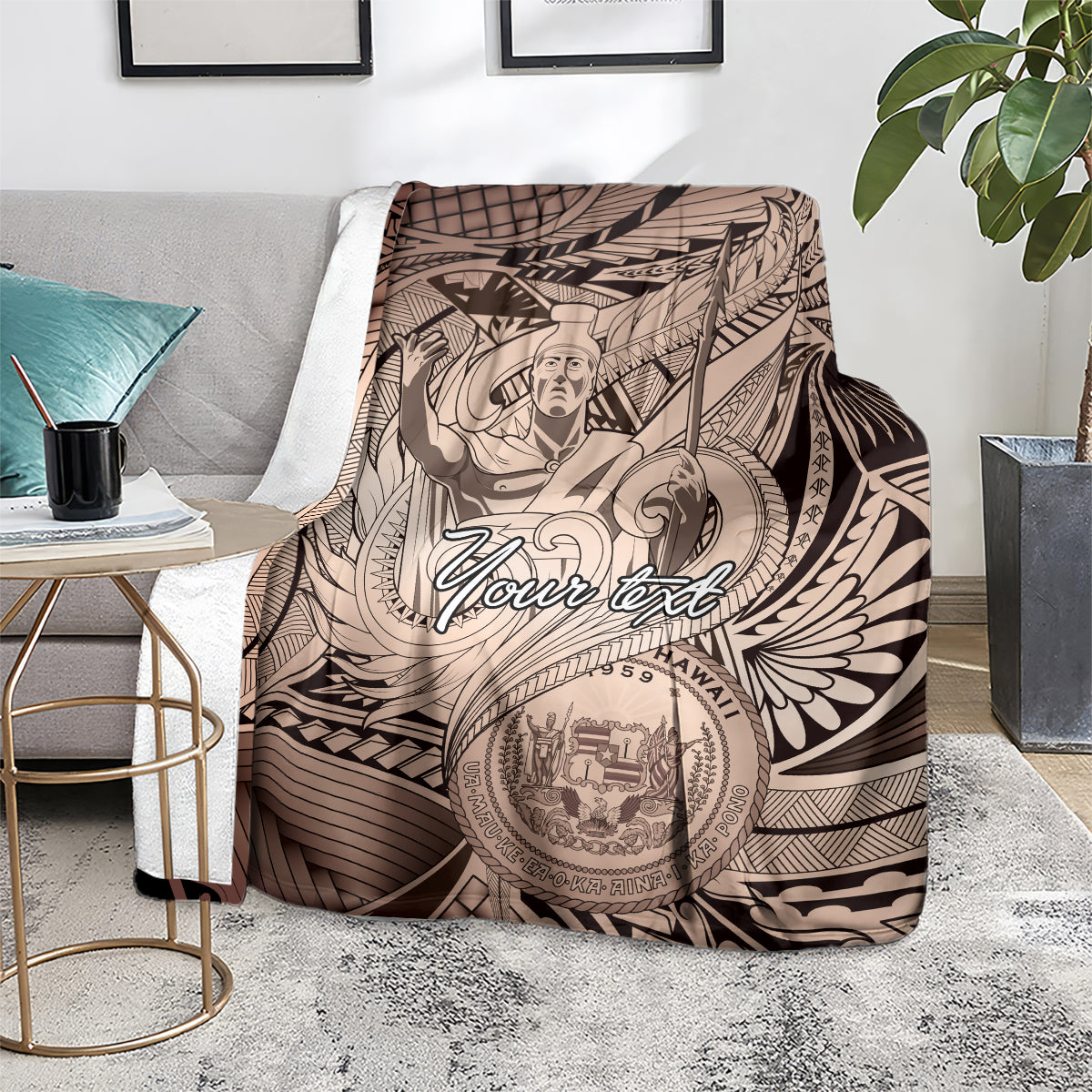 Personalised Aloha King Kamehameha Spirits Blanket Beige Special LT9 - Polynesian Pride
