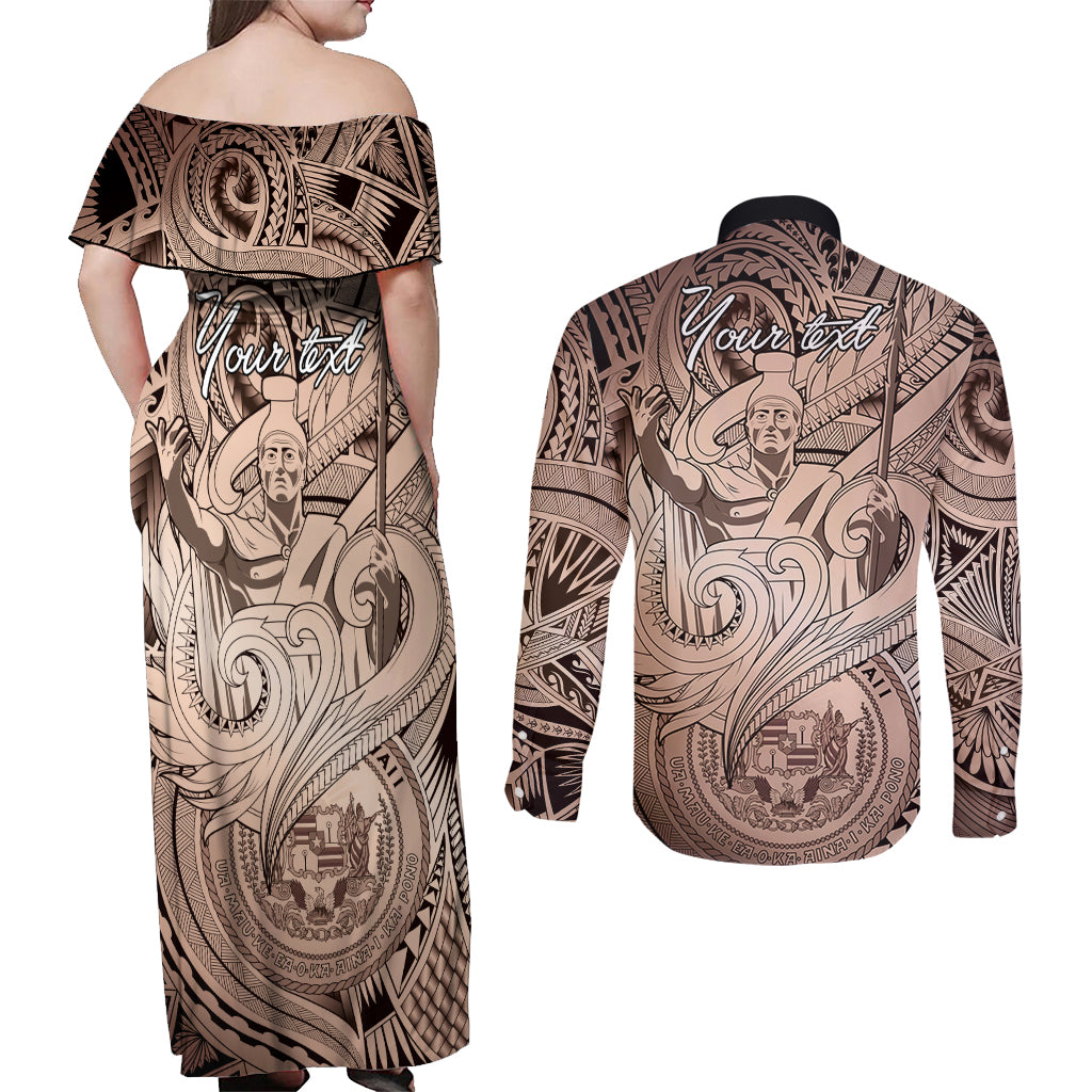 Personalised Aloha King Kamehameha Spirits Couples Matching Off Shoulder Maxi Dress and Long Sleeve Button Shirt Beige Special LT9 - Polynesian Pride