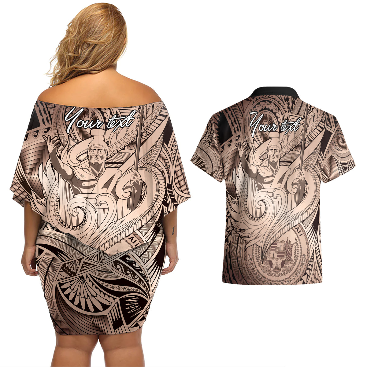 Personalised Aloha King Kamehameha Spirits Couples Matching Off Shoulder Short Dress and Hawaiian Shirt Beige Special LT9 - Polynesian Pride