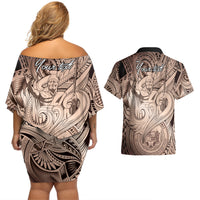 Personalised Aloha King Kamehameha Spirits Couples Matching Off Shoulder Short Dress and Hawaiian Shirt Beige Special LT9 - Polynesian Pride