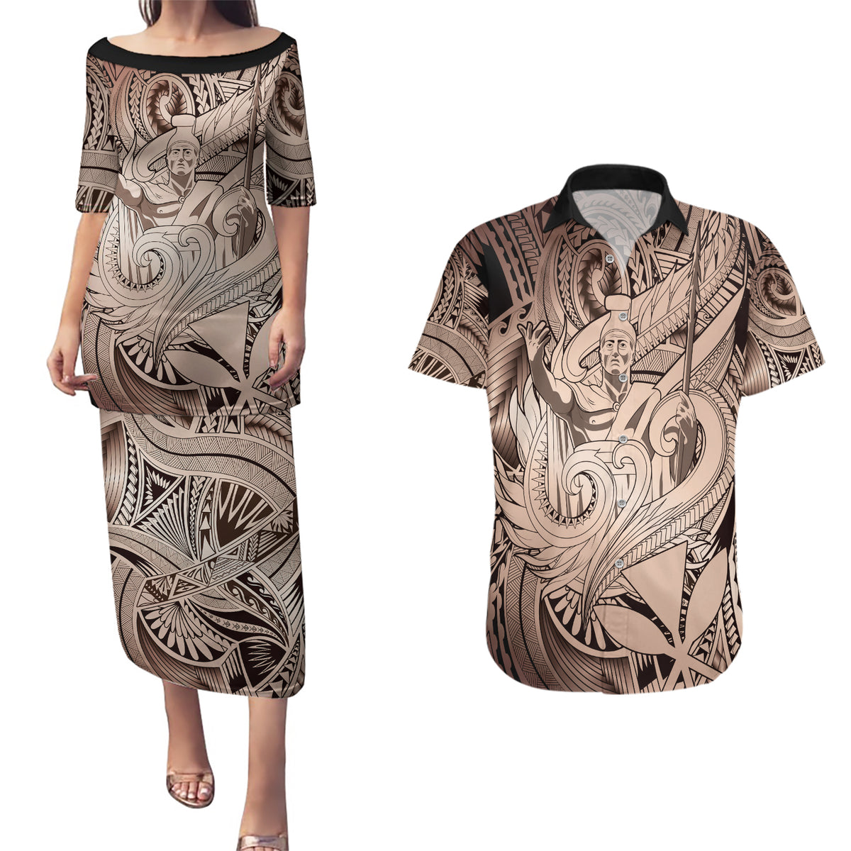Personalised Aloha King Kamehameha Spirits Couples Matching Puletasi and Hawaiian Shirt Beige Special LT9 Beige - Polynesian Pride