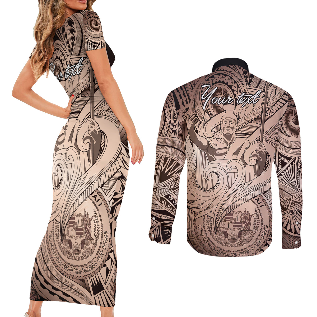 Personalised Aloha King Kamehameha Spirits Couples Matching Short Sleeve Bodycon Dress and Long Sleeve Button Shirt Beige Special LT9 - Polynesian Pride